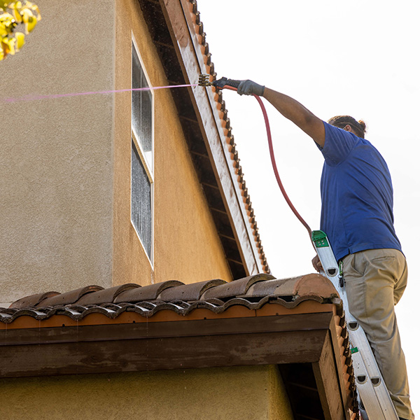 professional in blue shirt and pants standing on ladder cleaning roof of brown home