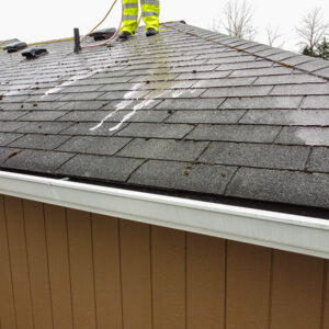 professional cleaning roof of brown home