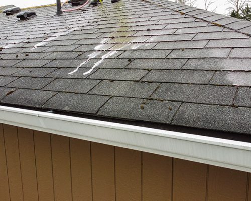 professional cleaning roof of brown home